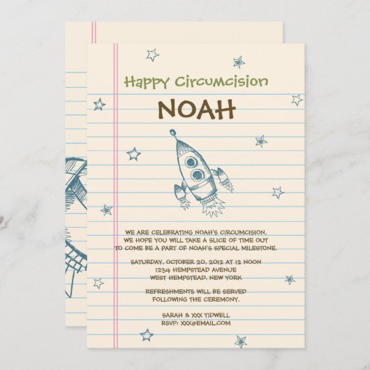 Sarah Tidwell Rocket Bris/Circumcision Uitnodiging (Voorkant / Achterkant)