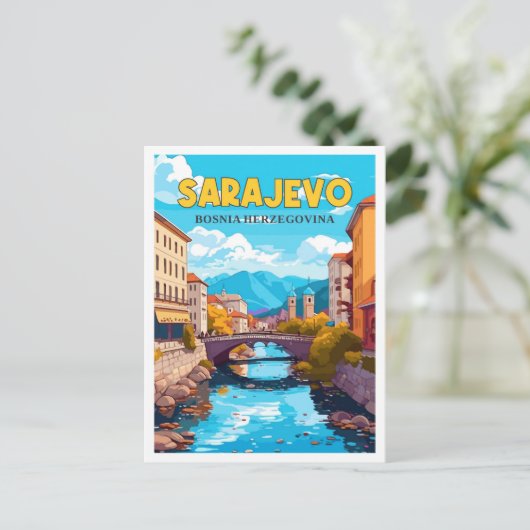 Sarajevo Bosnië vintage reisillustratie Briefkaart (Staand voorkant)