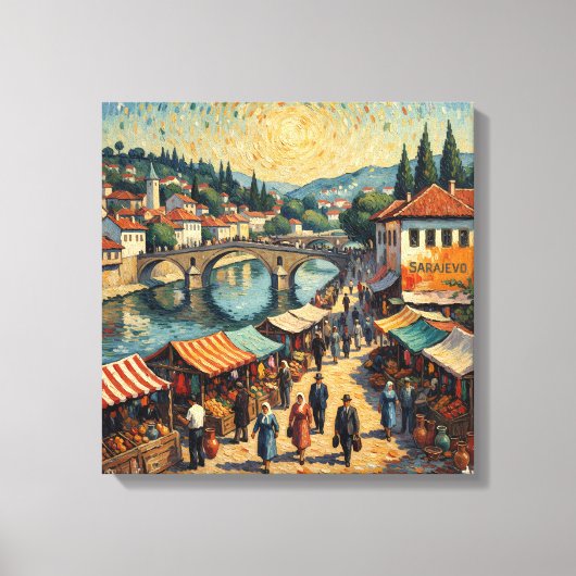 Sarajevo Rivier Bazaar Scene Canvas Kunst (Voorkant)