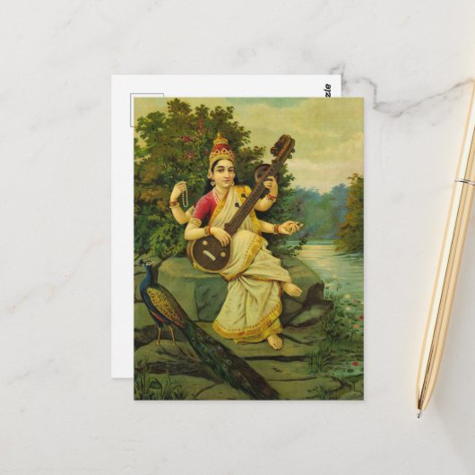 Saraswati, Godin of Music van Raja Ravi Varma Briefkaart (Voorkant / Achterkant in situ)