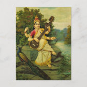 Saraswati, Godin of Music van Raja Ravi Varma Briefkaart (Voorkant)