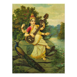 Saraswati, Godin of Music van Raja Ravi Varma Foto Afdruk