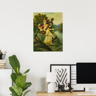Saraswati, Godin of Music van Raja Ravi Varma Poster