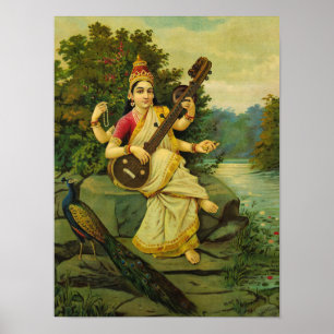 Saraswati, Godin of Music van Raja Ravi Varma Poster