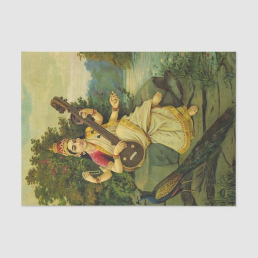 Saraswati, Godin of Music van Raja Ravi Varma Tissuepapier (Voorkant)