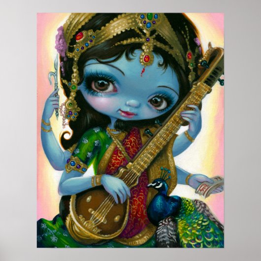 Saraswati speelt Veena Hindu Goddess Art PRINT (Voorkant)