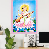 Saraswati zit op een lotusbloesem poster (Thuiskantoor)