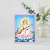 Saraswati Zitten op roze Lotus Briefkaart (Staand voorkant)