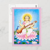 Saraswati Zitten op roze Lotus Briefkaart (Voorkant / Achterkant)