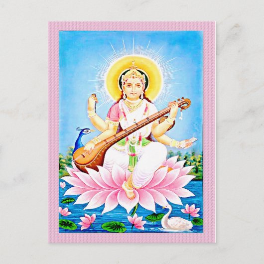 Saraswati Zitten op roze Lotus Briefkaart (Voorkant)