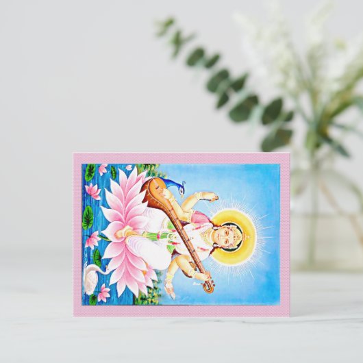 Saraswati Zitten op roze Lotus Briefkaart (Staand voorkant)