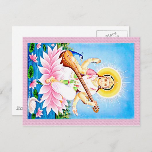 Saraswati Zitten op roze Lotus Briefkaart (Voorkant / Achterkant)