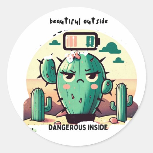 Sarcastic Cactus with Low Battery Ronde Sticker (Voorkant)