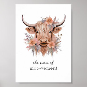 Sarcastic Floral Highland Koe Badkamer Wandkunst Poster