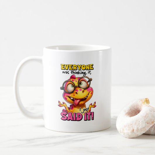 Sarcastische Dino, iedereen dacht er aan Koffiemok (Met donut)