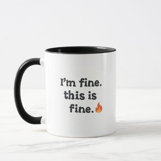 Sarcastische "Dit is prima" meme met vuur-emoji Mok (Links)