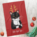 Sarcastische kerstkat theedoek<br><div class="desc">Een grappige sarcastische,  irritante en onenthousiaste zwarte en witte tuxedo kat met kerstgeweien. Ho ho ho,  en al dat spul. Verander de tekst of verwijder het om verder te personaliseren.</div>