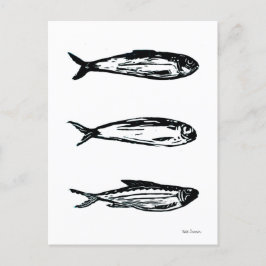 Sardine en makreel Linocut Post Kaart of Print