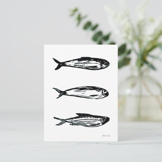 Sardine en makreel Linocut Post Kaart of Print (Staand voorkant)