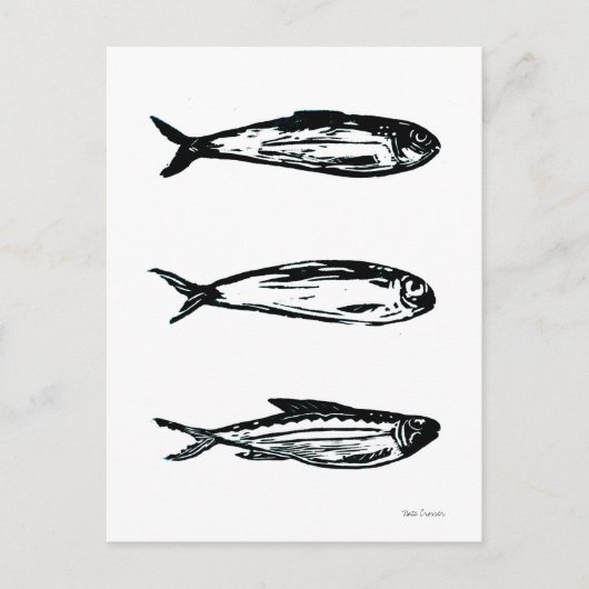 Sardine en makreel Linocut Post Kaart of Print (Voorkant)