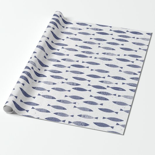 Sardine Fish Navy Blue White Coastal Cadeaupapier (Uitgerold)
