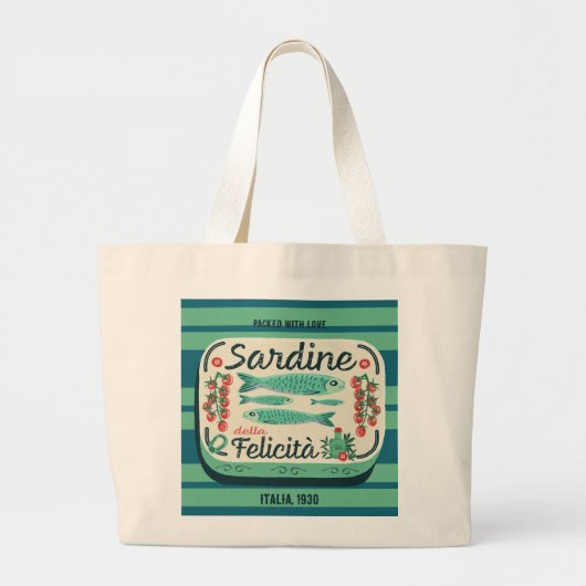 Sardine Illustratie Blauwgroen Cream Italiaans Ret Grote Tote Bag (Voorkant)