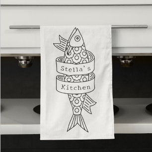 Sardine lijntekening gepersonaliseerd theedoek