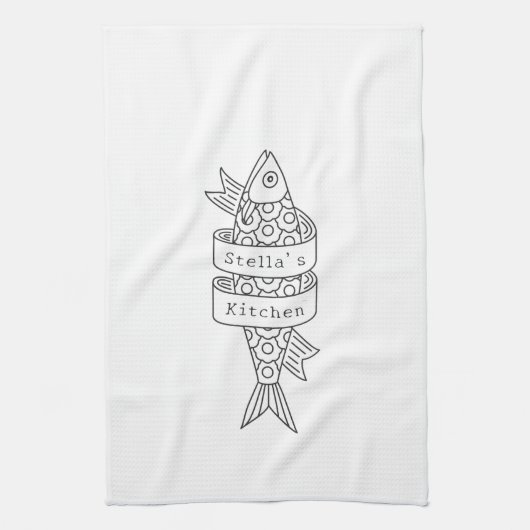 Sardine lijntekening gepersonaliseerd theedoek (Verticaal)