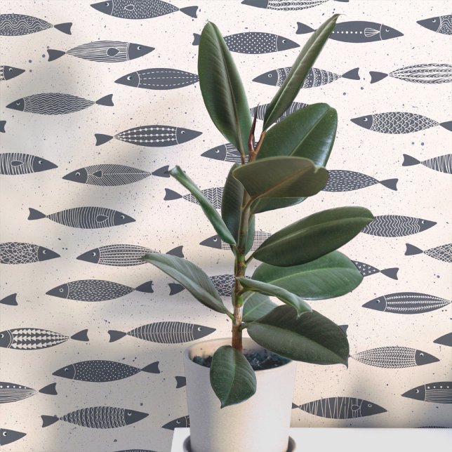 Sardine Vis Indigo Blauwe Crème Behang (Fun coastal sardines fish wallpaper in indigo blue and cream)