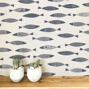 Sardine Vis Indigo Blauwe Crème Behang