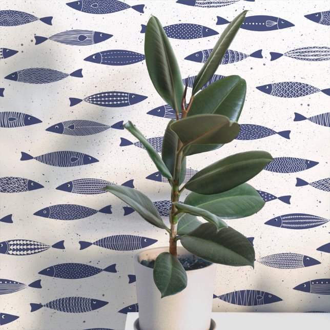 Sardine Vis Navy Blauw Wit Kust Behang (Fun coastal sardines fish wallpaper in indigo blue and white)