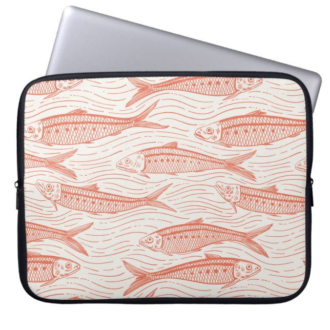 Sardines in beweging in koraal en wit laptop sleeve (Voorkant)