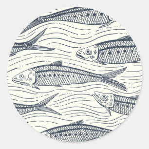 Sardines in beweging in marineblauw en ivoor ronde sticker