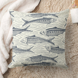 Sardines in Motion in marineblauw en ivoor Kussen