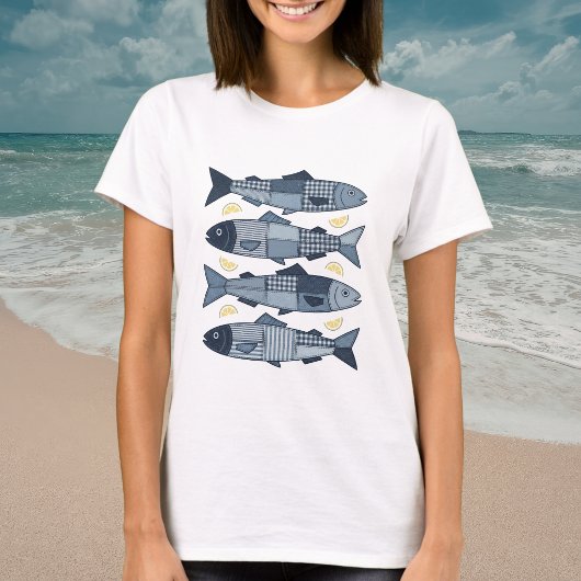 Sardines in patchworkstijl kuststrandthema t-shirt