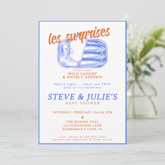 Sardines Ingeblikte Vis Tweeling Multiples Baby sh Kaart (Staand voorkant)