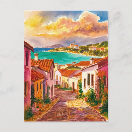 Sardinië Italië Straat Waterverf Schilderij Briefkaart (Voorkant)