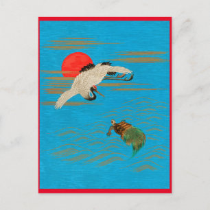 Sarus kraan vliegen boven schildpad in het zee briefkaart