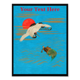 Sarus kraan vliegen boven schildpad in het zee foto afdruk