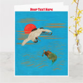 Sarus kraan vliegen boven schildpad in het zee kaart (Gele Bloem)