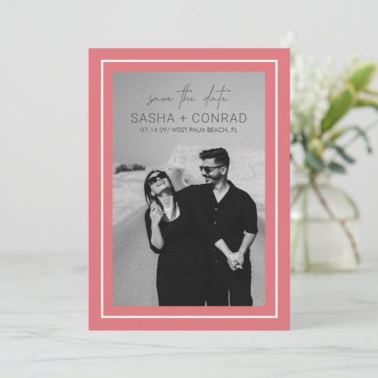 Sasha Coral Modern Wedding Save The Date (Staand voorkant)