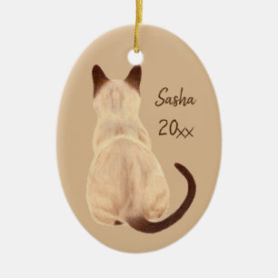 Sasha Siamese Cat Sitting Back Uitzicht Kat Aangep Keramisch Ornament
