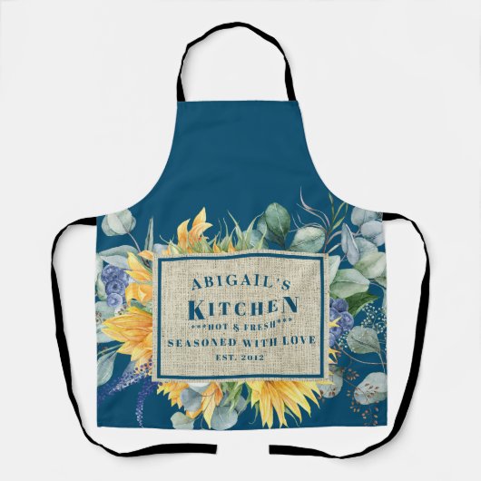Sasoned with Love Custom Name Blue Floral Apron Schort (Voorkant)