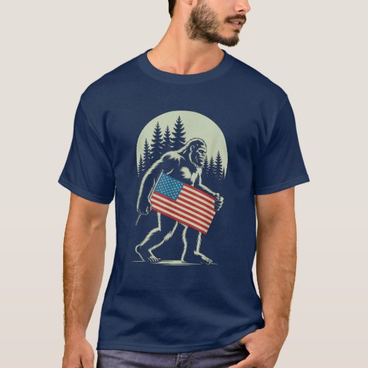 Sasquatch Amerikaanse vlag voor 4 juli Bigfoot T-shirt (Voorkant)