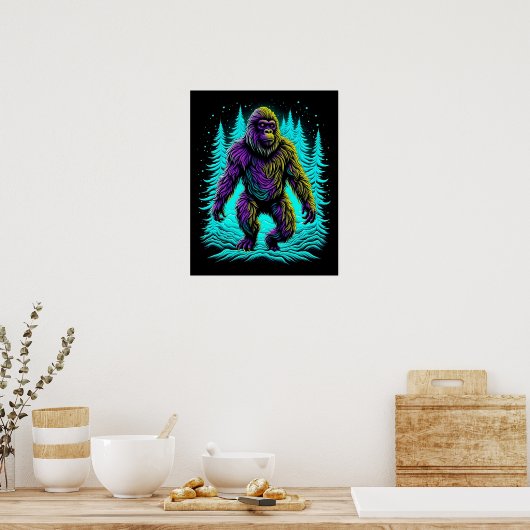 Sasquatch Bigfoot in Blauwgroen en zwart Poster (Keuken)
