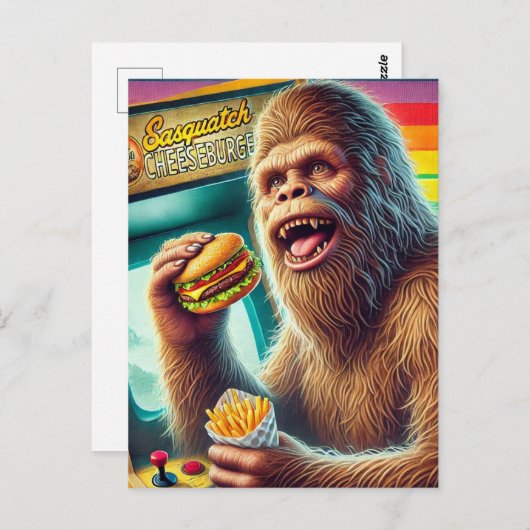 Sasquatch Cheeseburger en Fries Retro Arcade Briefkaart (Voorkant / Achterkant)