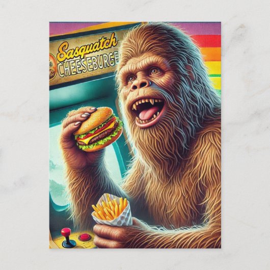 Sasquatch Cheeseburger en Fries Retro Arcade Briefkaart (Voorkant)
