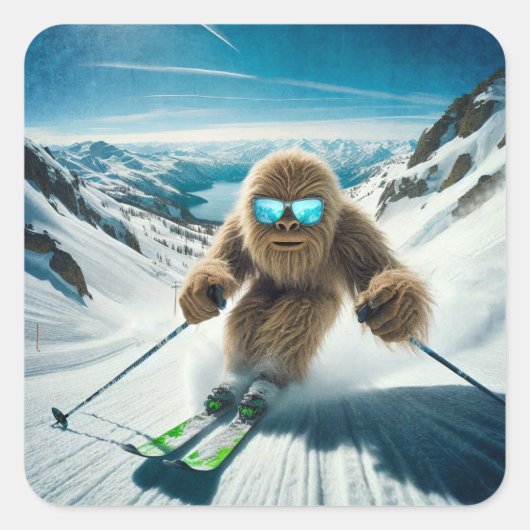 Sasquatch de Skiër Vierkante Sticker (Voorkant)
