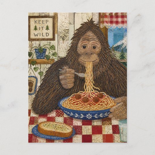 Sasquatch die spaghetti eet briefkaart (Voorkant)