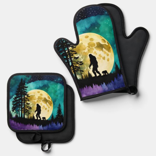 Sasquatch en Beer op de berg Ovenwant & Pannenlap Set (Voorkant / Achterkant)